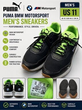 PUMA BMW M Motorsport Men’s Sneakers Size 11 Black Neon Green 307000-01
